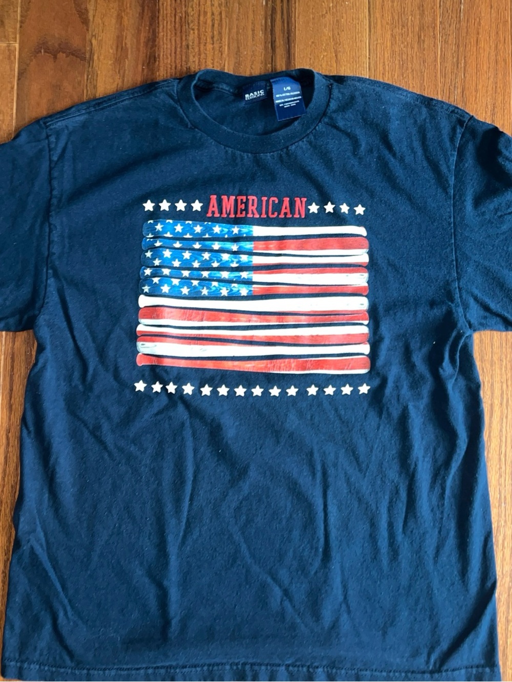 Basic Editions Navy Blue "American" Flag Graphic Tee with Red and White Accents